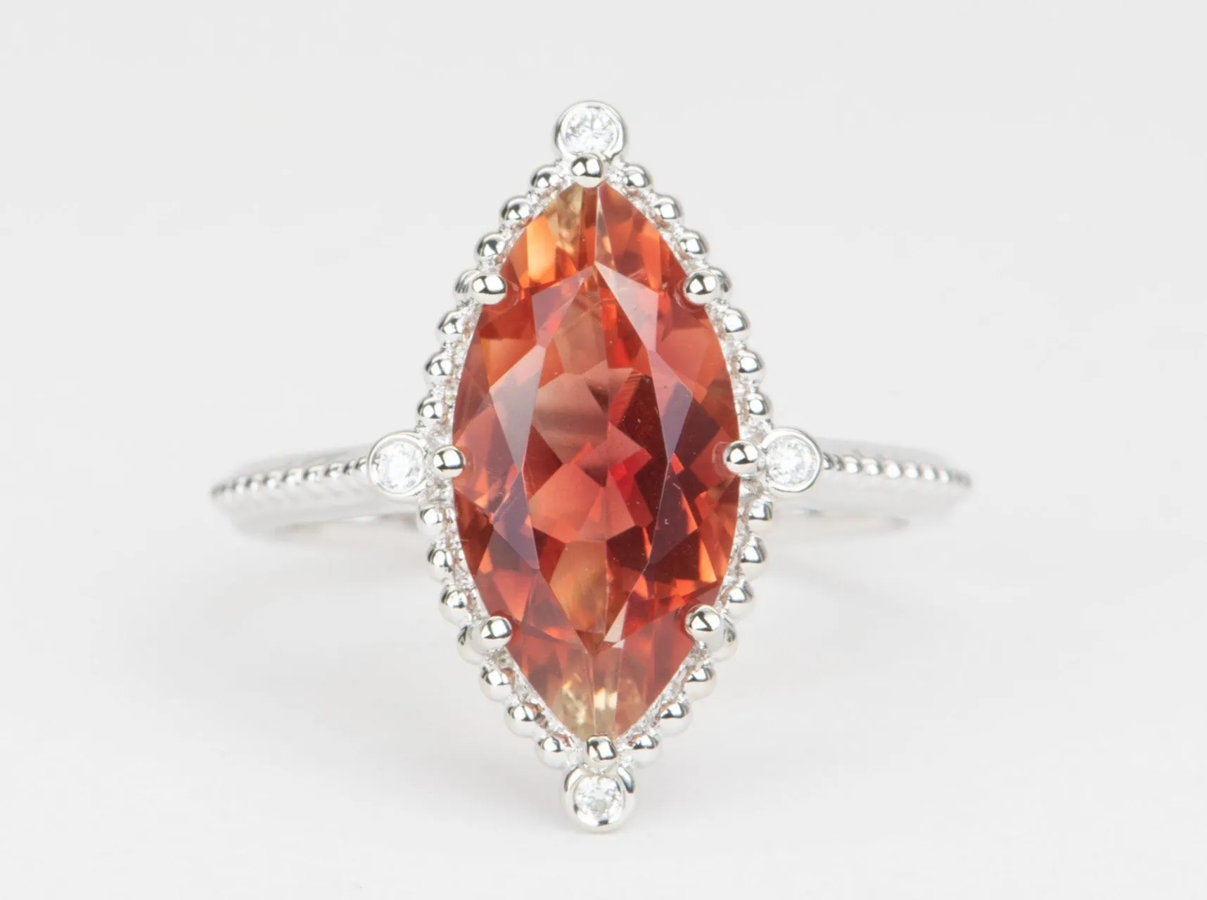 3.25ct Bright Red Oregon Sunstone with Diamonds 14K White Gold Engagement Ring