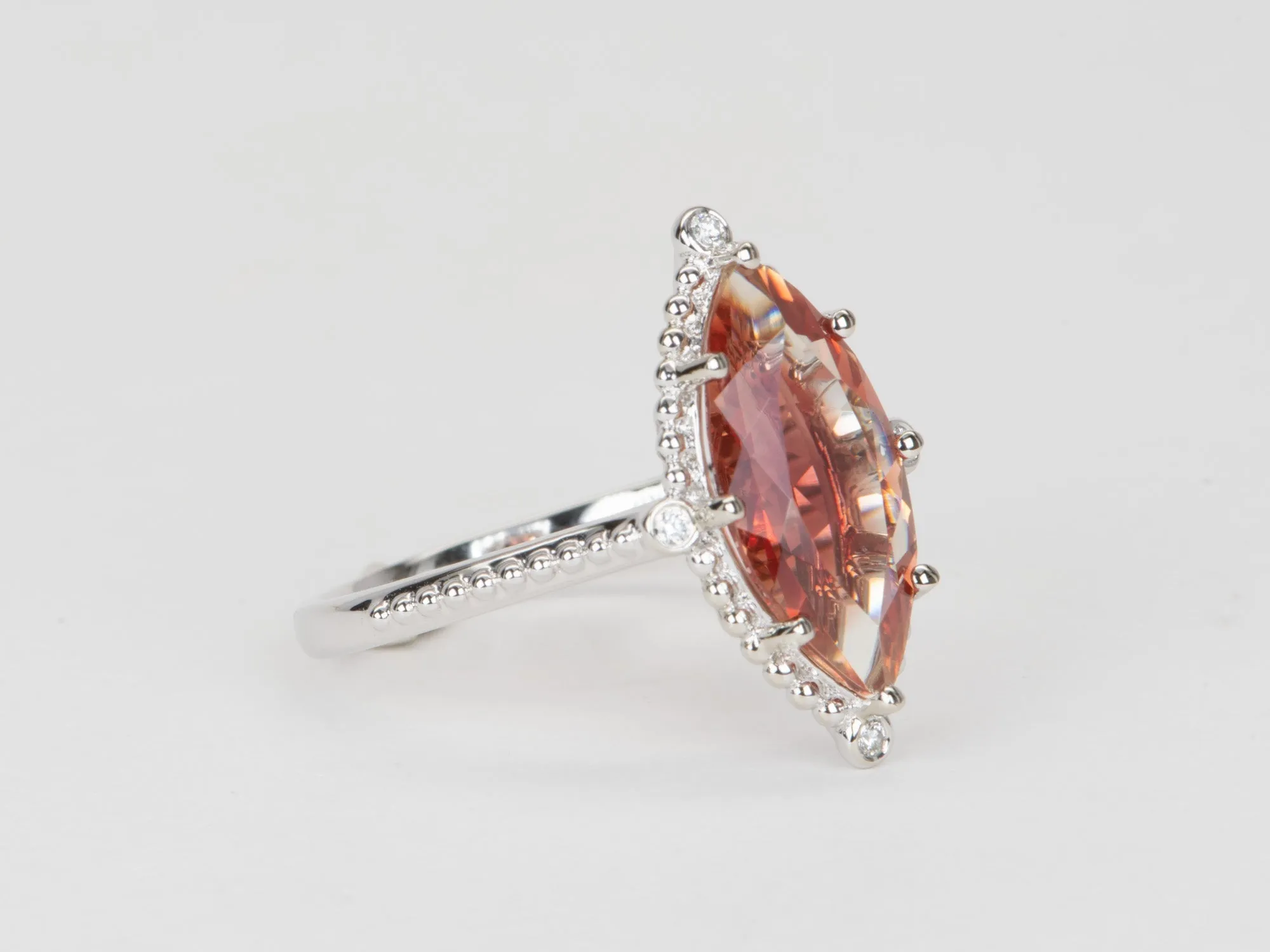 3.25ct Bright Red Oregon Sunstone with Diamonds 14K White Gold Engagement Ring