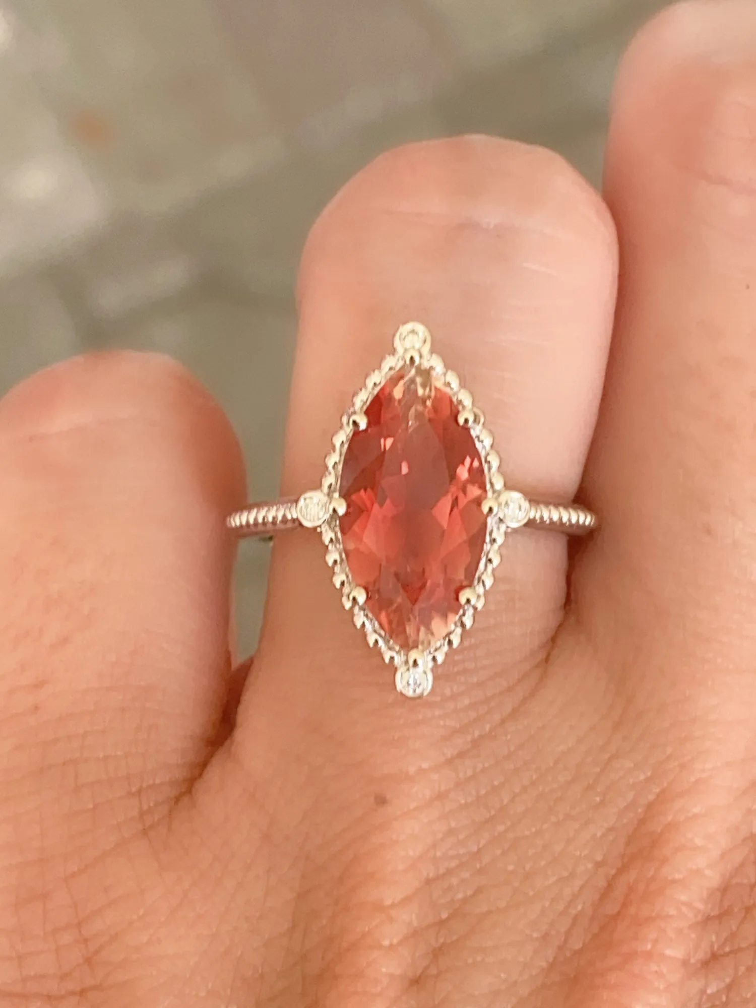 3.25ct Bright Red Oregon Sunstone with Diamonds 14K White Gold Engagement Ring