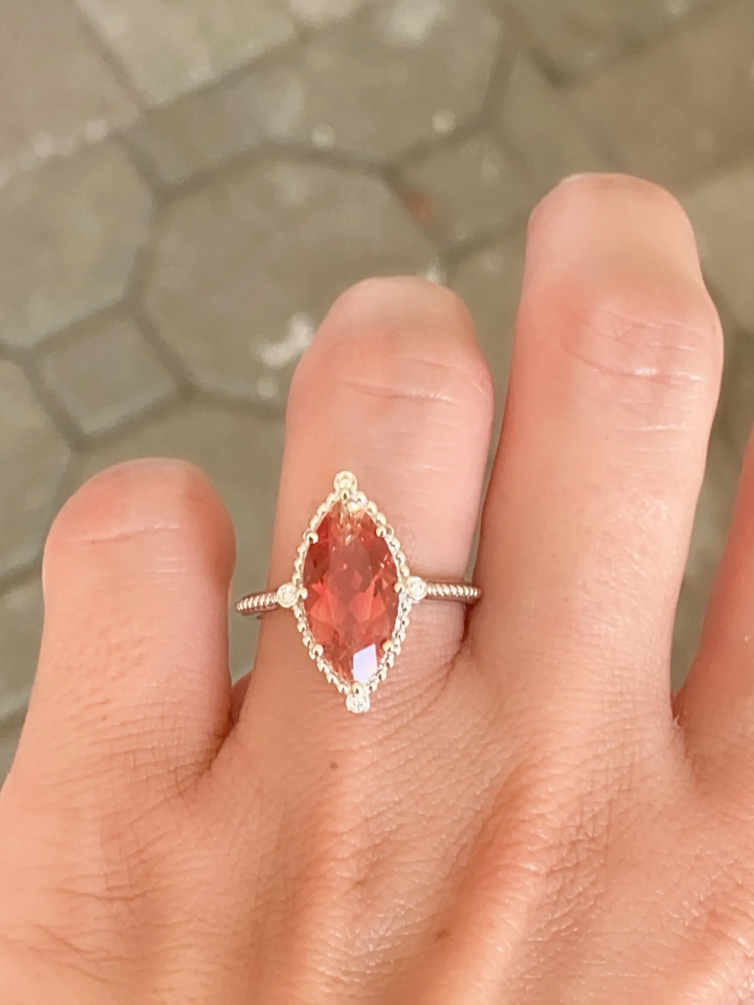 3.25ct Bright Red Oregon Sunstone with Diamonds 14K White Gold Engagement Ring