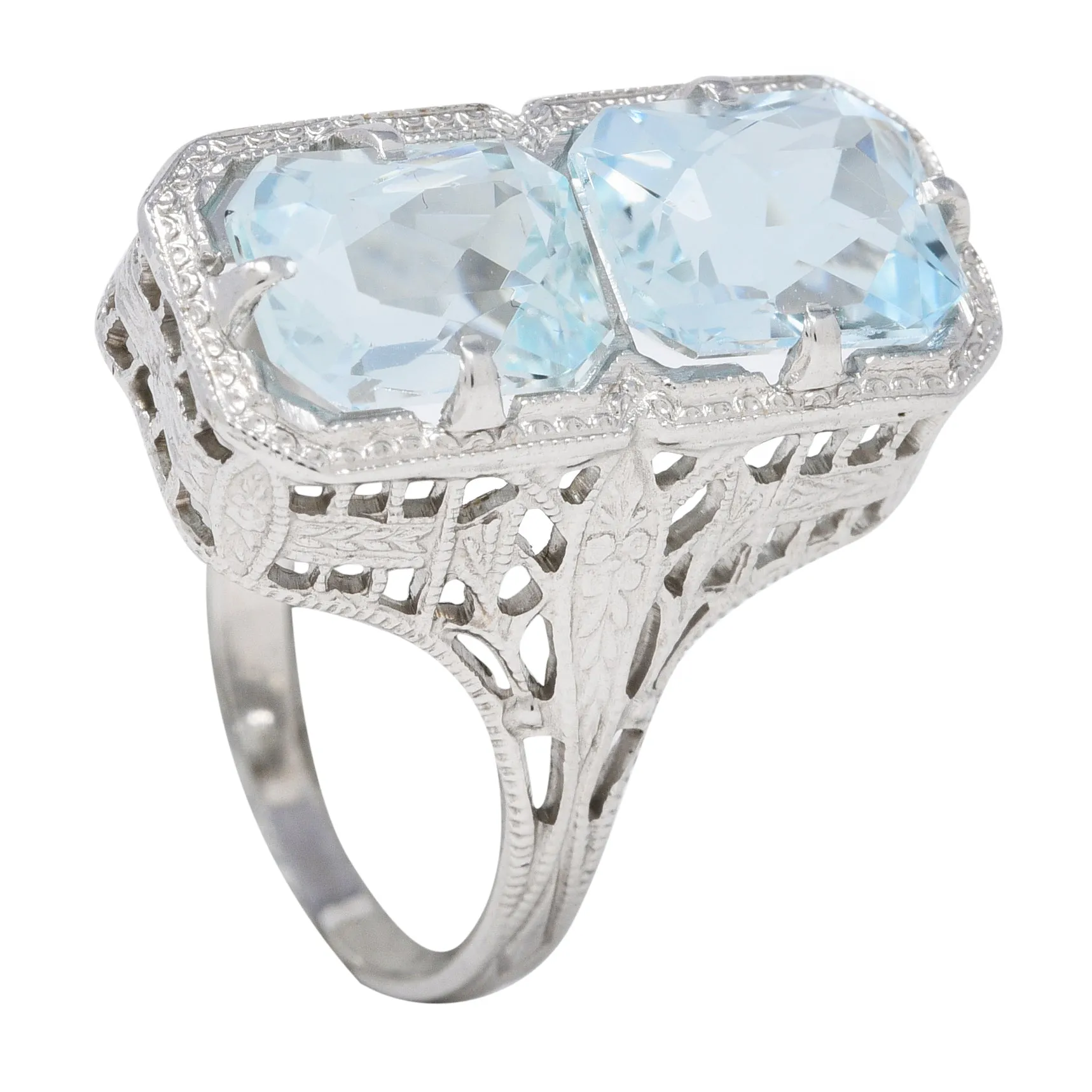 Art Deco Aquamarine 14 Karat White Gold Two-Stone Orange Blossom Vintage Ring