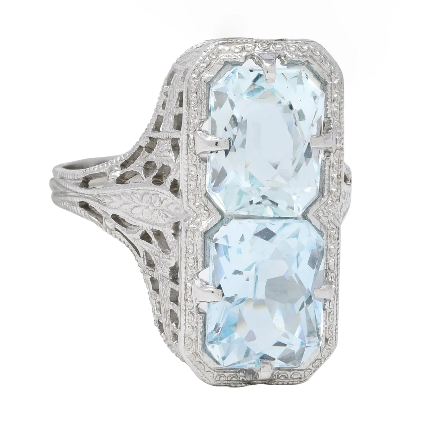 Art Deco Aquamarine 14 Karat White Gold Two-Stone Orange Blossom Vintage Ring