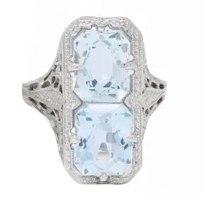 Art Deco Aquamarine 14 Karat White Gold Two-Stone Orange Blossom Vintage Ring