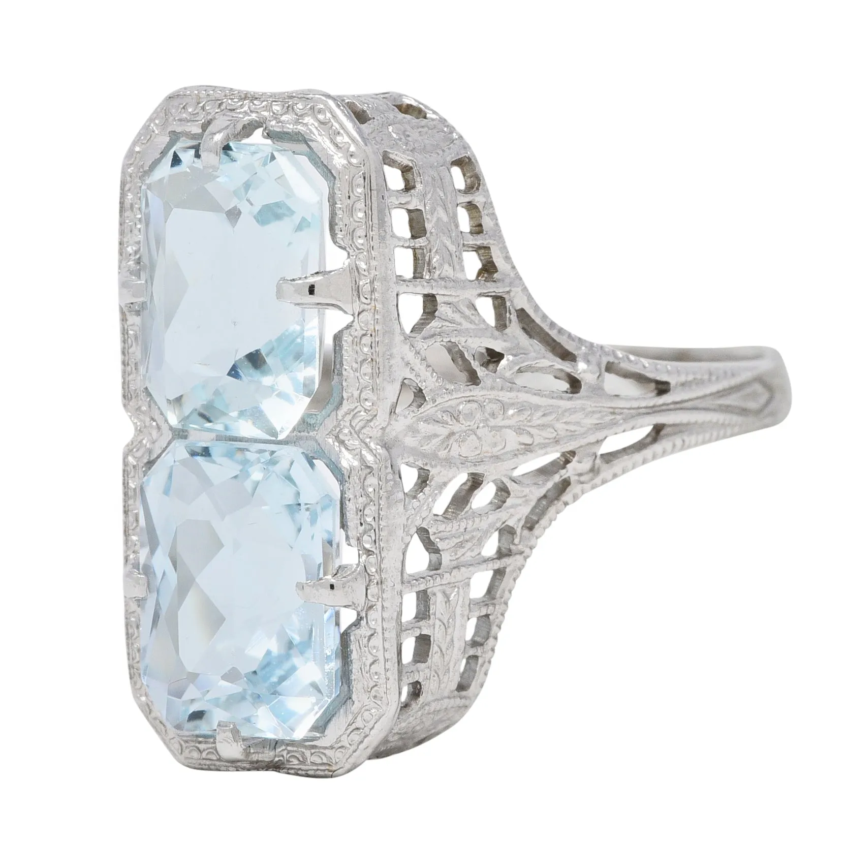 Art Deco Aquamarine 14 Karat White Gold Two-Stone Orange Blossom Vintage Ring