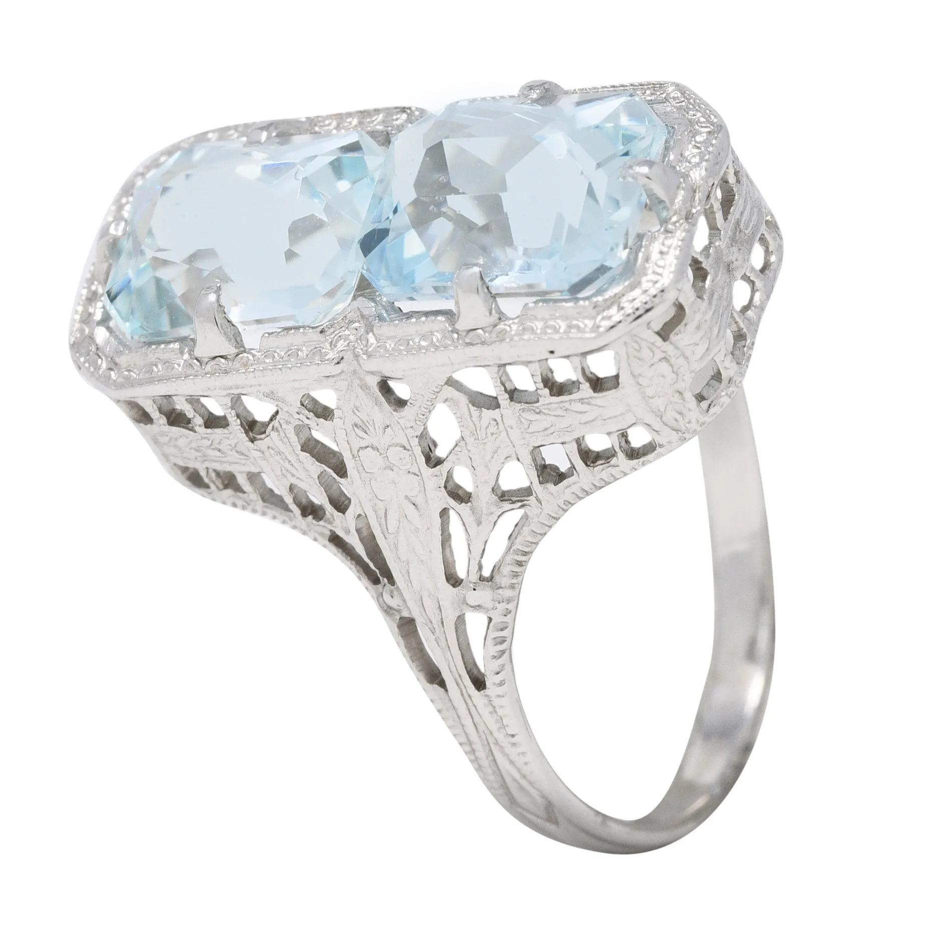 Art Deco Aquamarine 14 Karat White Gold Two-Stone Orange Blossom Vintage Ring