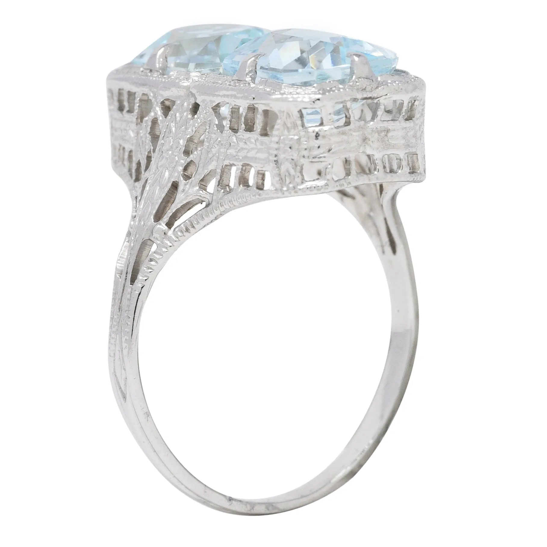 Art Deco Aquamarine 14 Karat White Gold Two-Stone Orange Blossom Vintage Ring