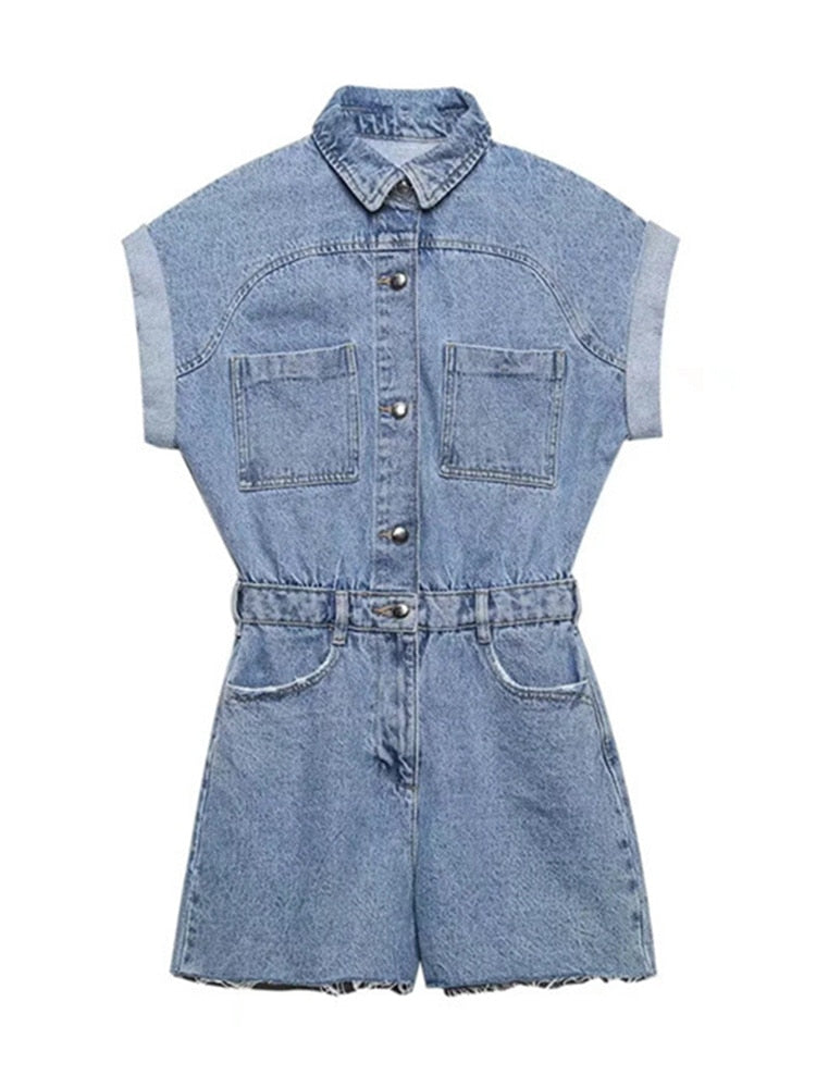 Ashore Shop 2023 Summer Womens Denim Jumpsuits Short sleeve shorts denim overalls