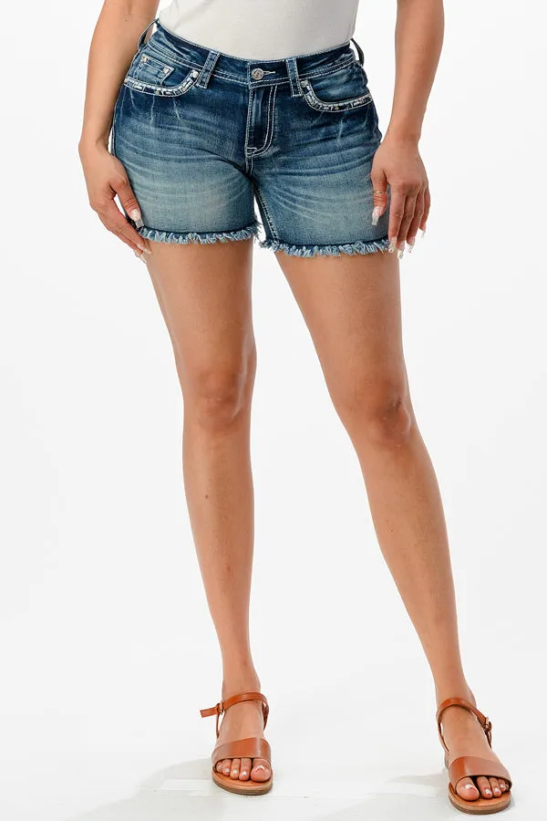 Aztec Embroidery Mid Rise Denim Shorts