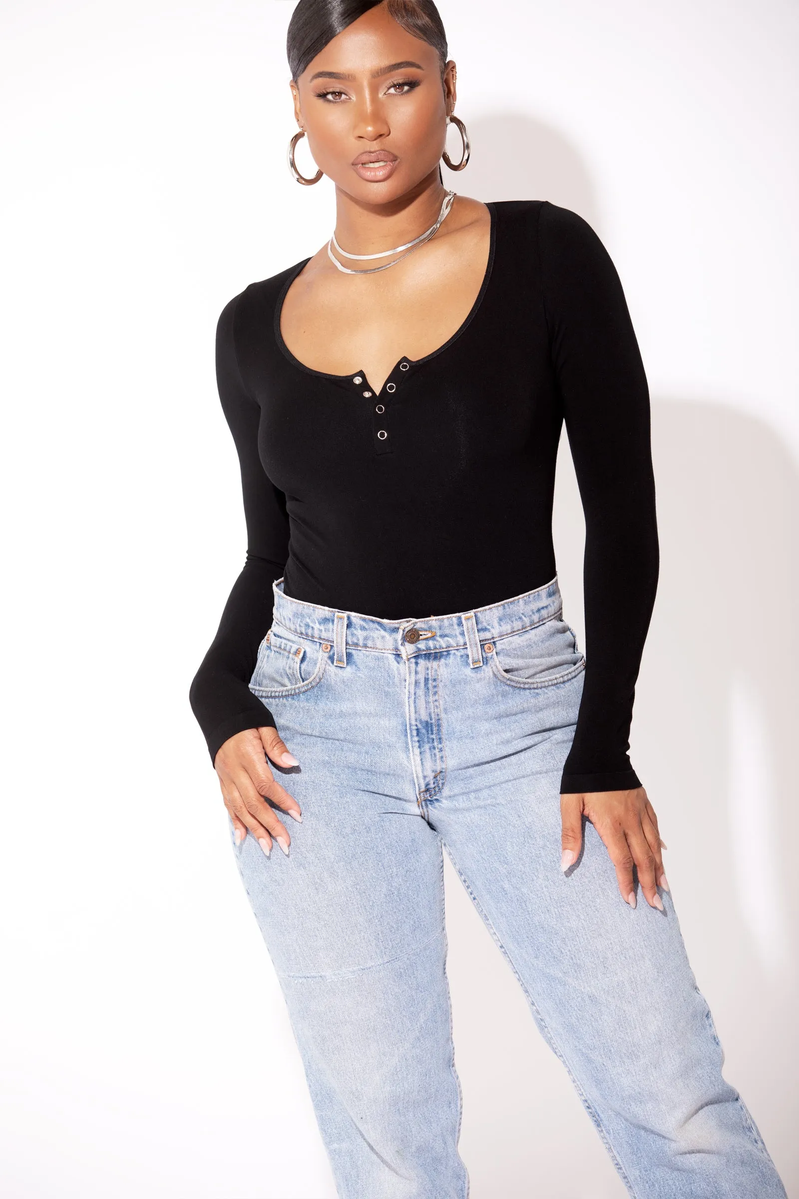 Black Long Sleeve Round Neck Bodysuit