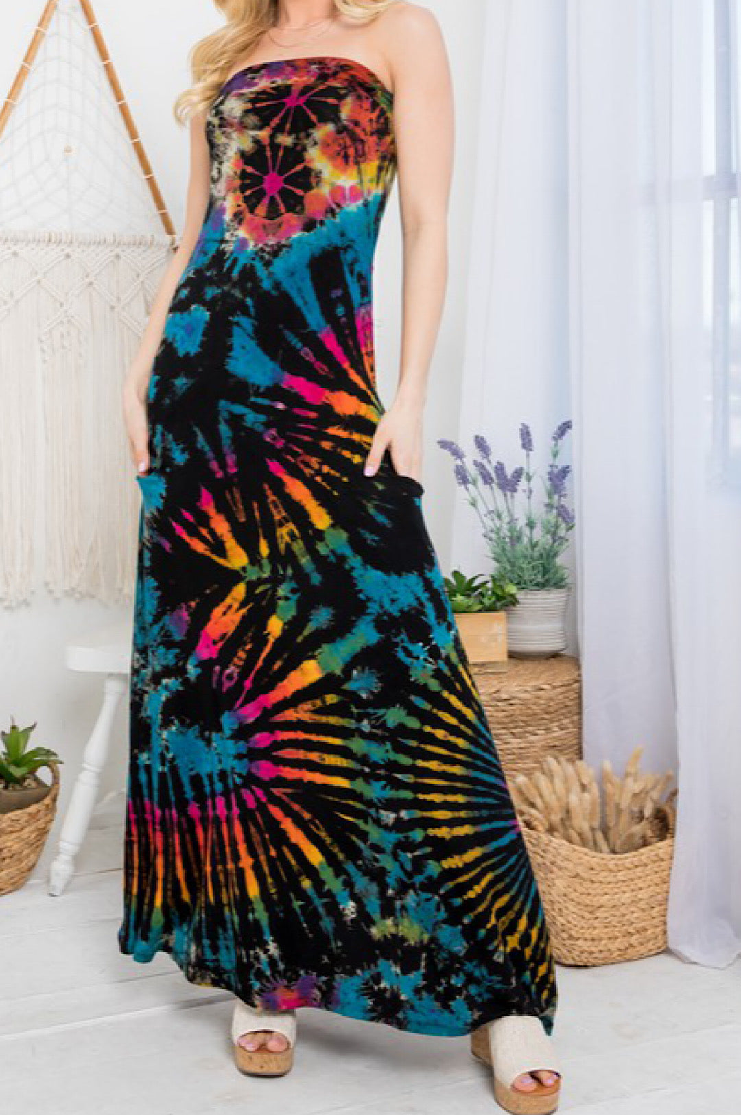 Black Rainbow Tie Dye Print Strapless Maxi Dress