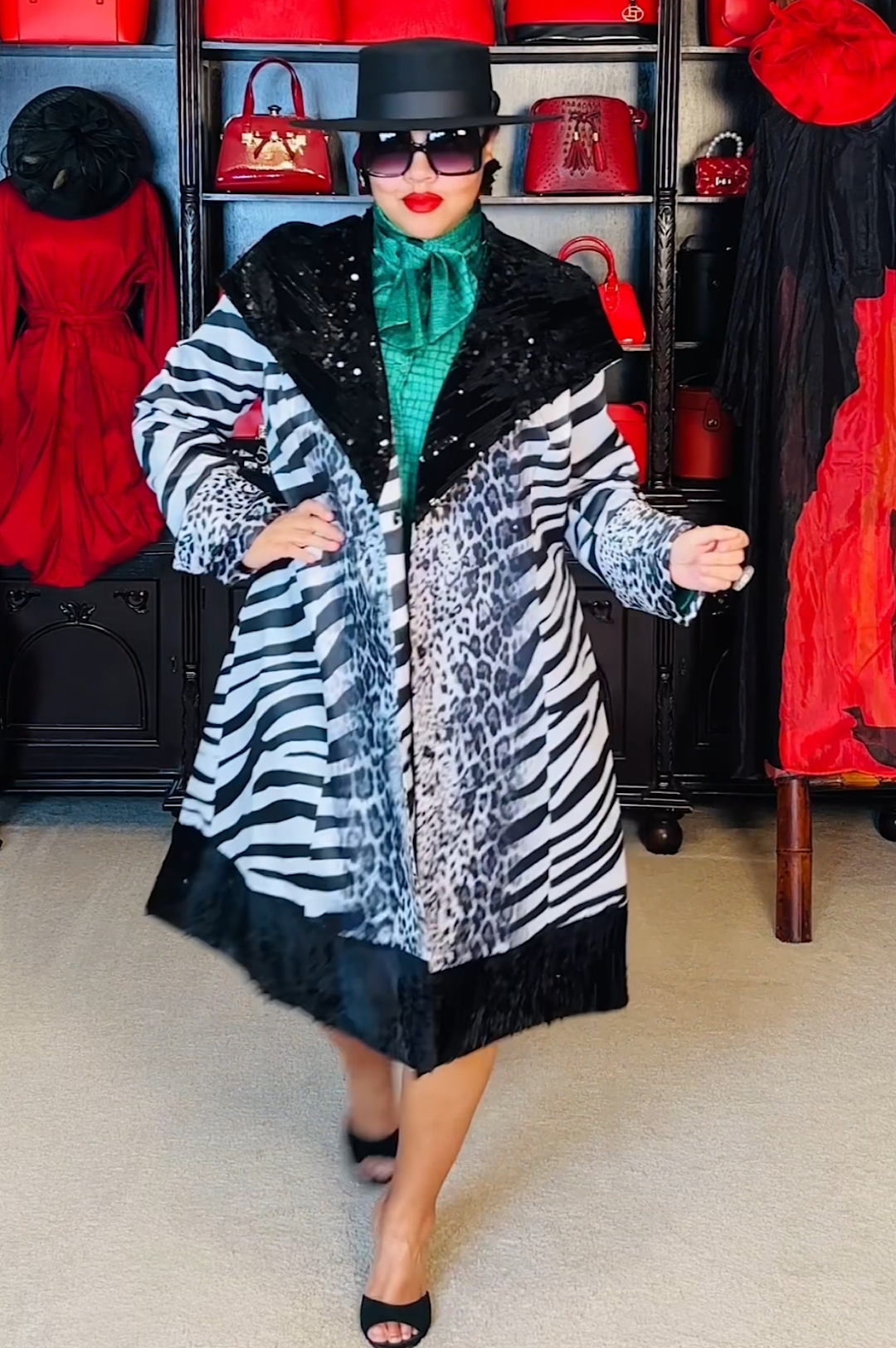 Black Sequin Animal Print Coat Dress