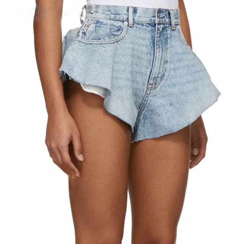 Blue Raw Edge Flared Denim Shorts