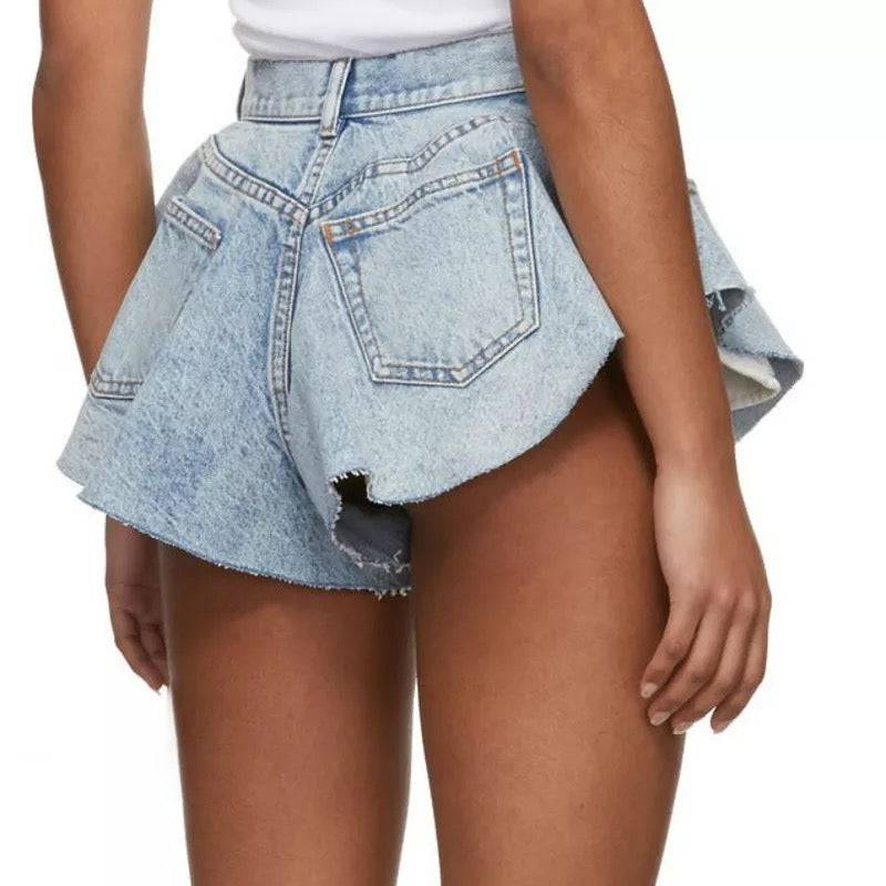 Blue Raw Edge Flared Denim Shorts