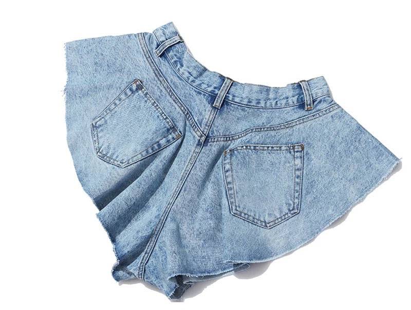 Blue Raw Edge Flared Denim Shorts