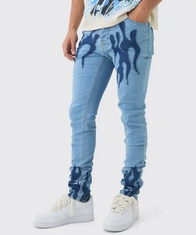 boohooMAN Mens Skinny Stretch Stacked Flame Applique Denim Jeans