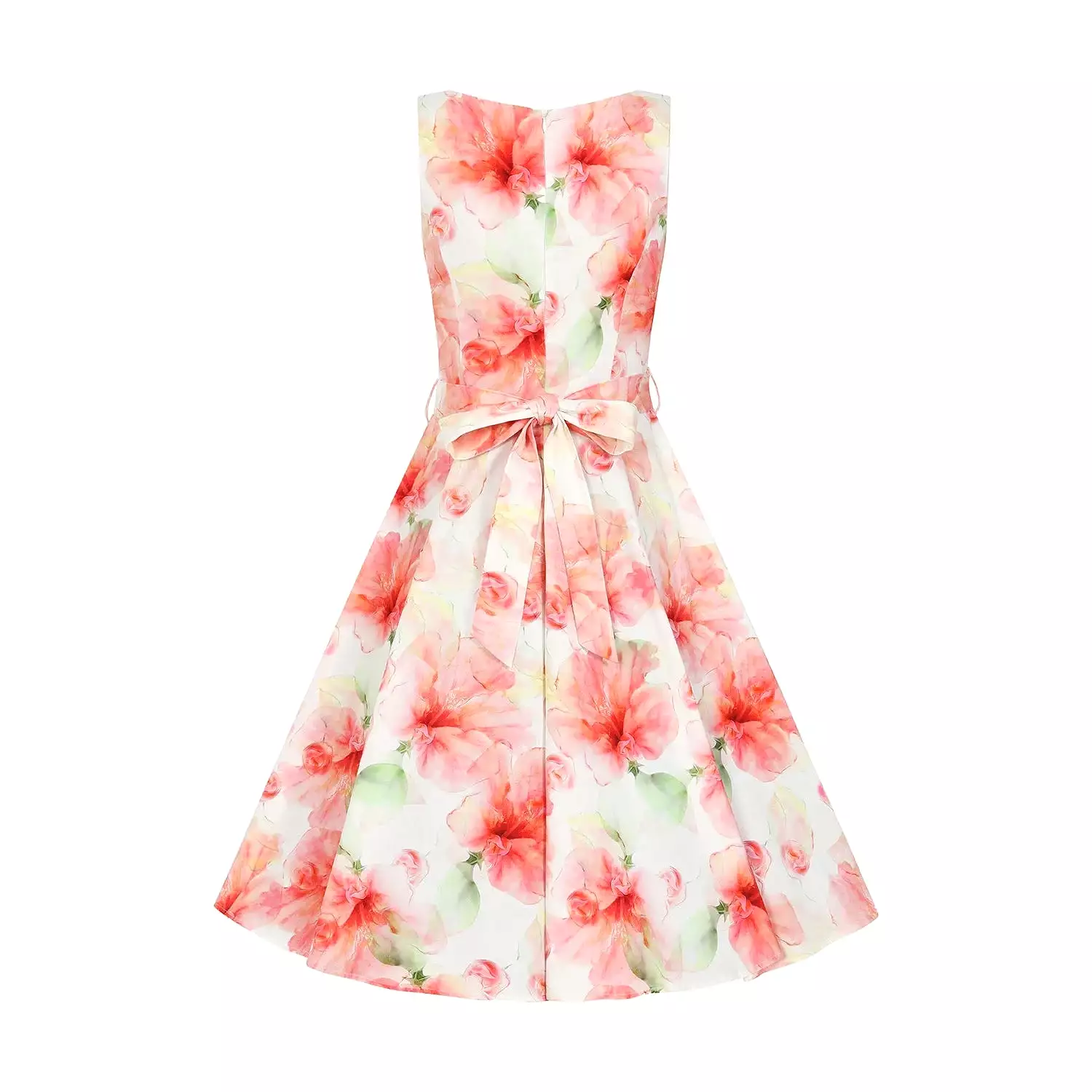 Delicate White Red Sleeveless Floral Print Swing Tea Dress