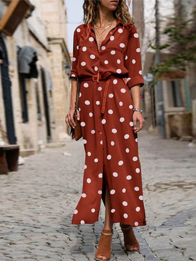 Elegant Collared Maxi Dress with Polka Dot Print for Women