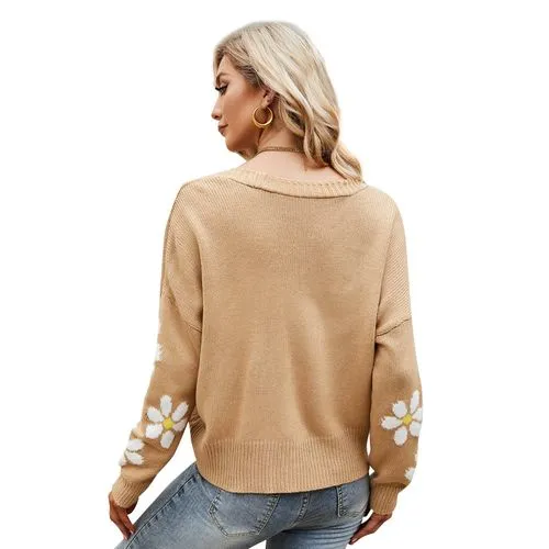 Fashion Flower Acrylic V Neck Long Sleeve Regular Sleeve Patchwork Sweater