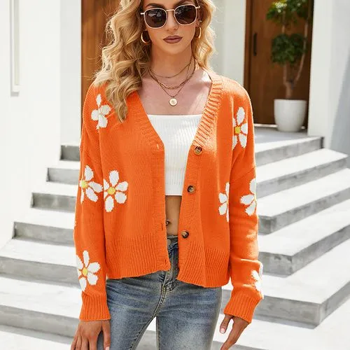 Fashion Flower Acrylic V Neck Long Sleeve Regular Sleeve Patchwork Sweater