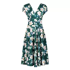 Forest Green Floral Vintage A Line Crossover Capped Sleeve Tea Swing Dress