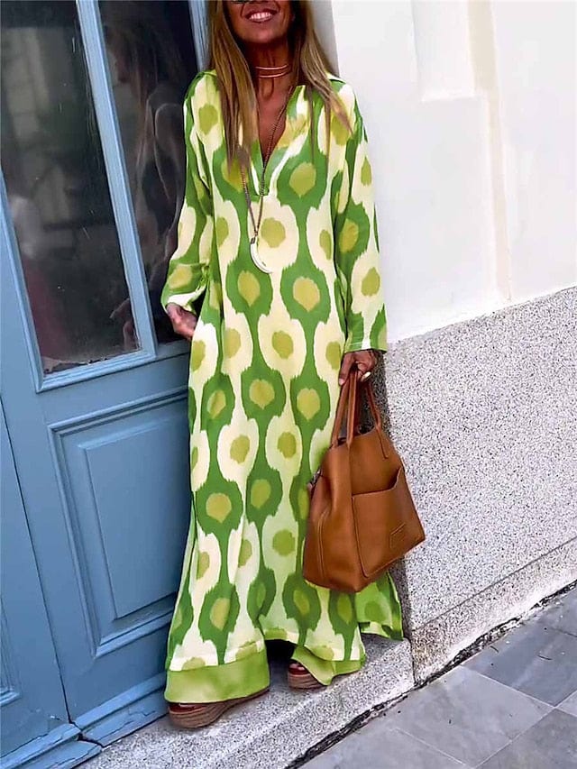 Geometric Print Maxi Dress for Women with Split V Neck and Long Sleeves