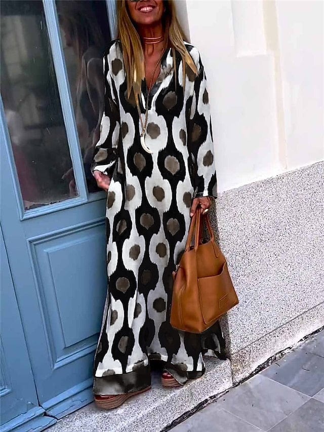 Geometric Print Maxi Dress for Women with Split V Neck and Long Sleeves