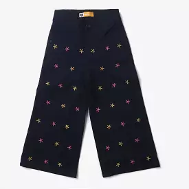 Girls Denim Stretch Pant Floral Embroidery-Navy Blue