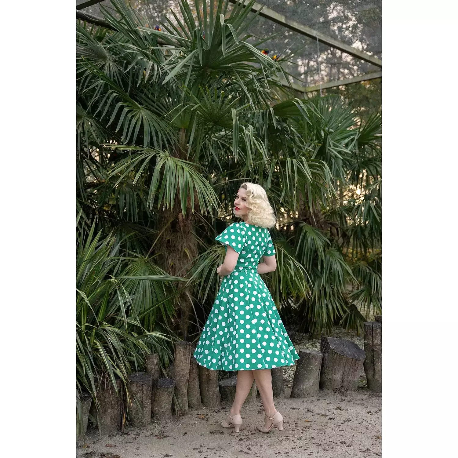 Green & White Polka Dot Short Sleeve 50s Swing Tea Dress