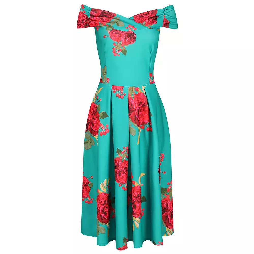 Green Red Rose Print Bardot 50s Swing Dress