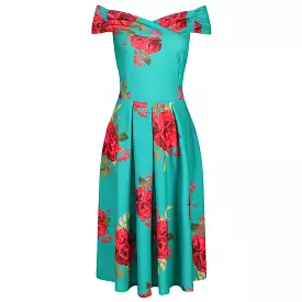 Green Red Rose Print Bardot 50s Swing Dress