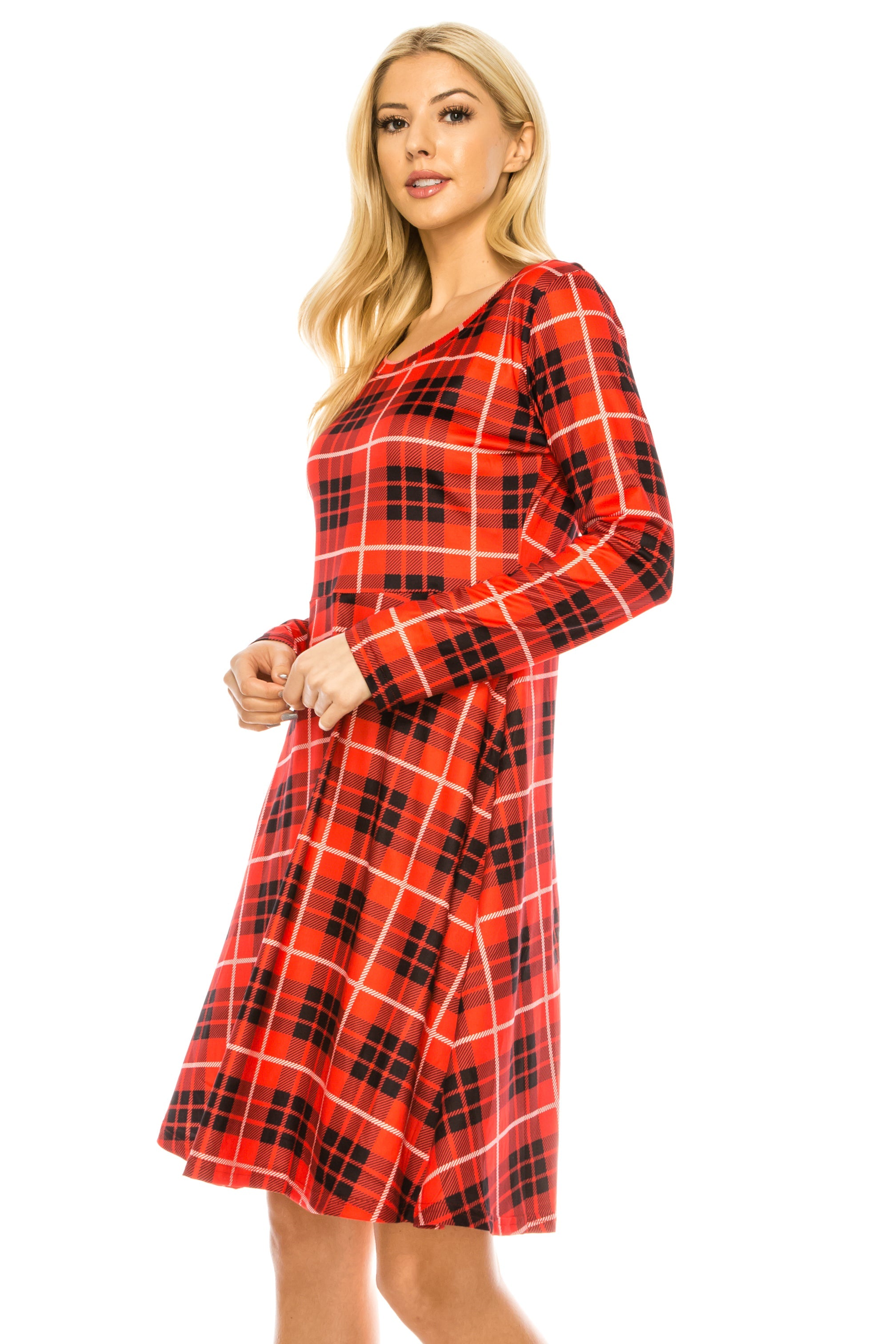 Haute Edition Women's Christmas Plaid & Solid Holiday Long Sleeve Skater Party Dress