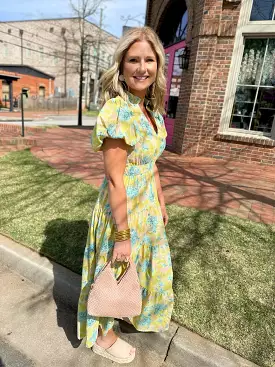 Imagine More Lime Palm Print Bubble sleeve Maxi Dress