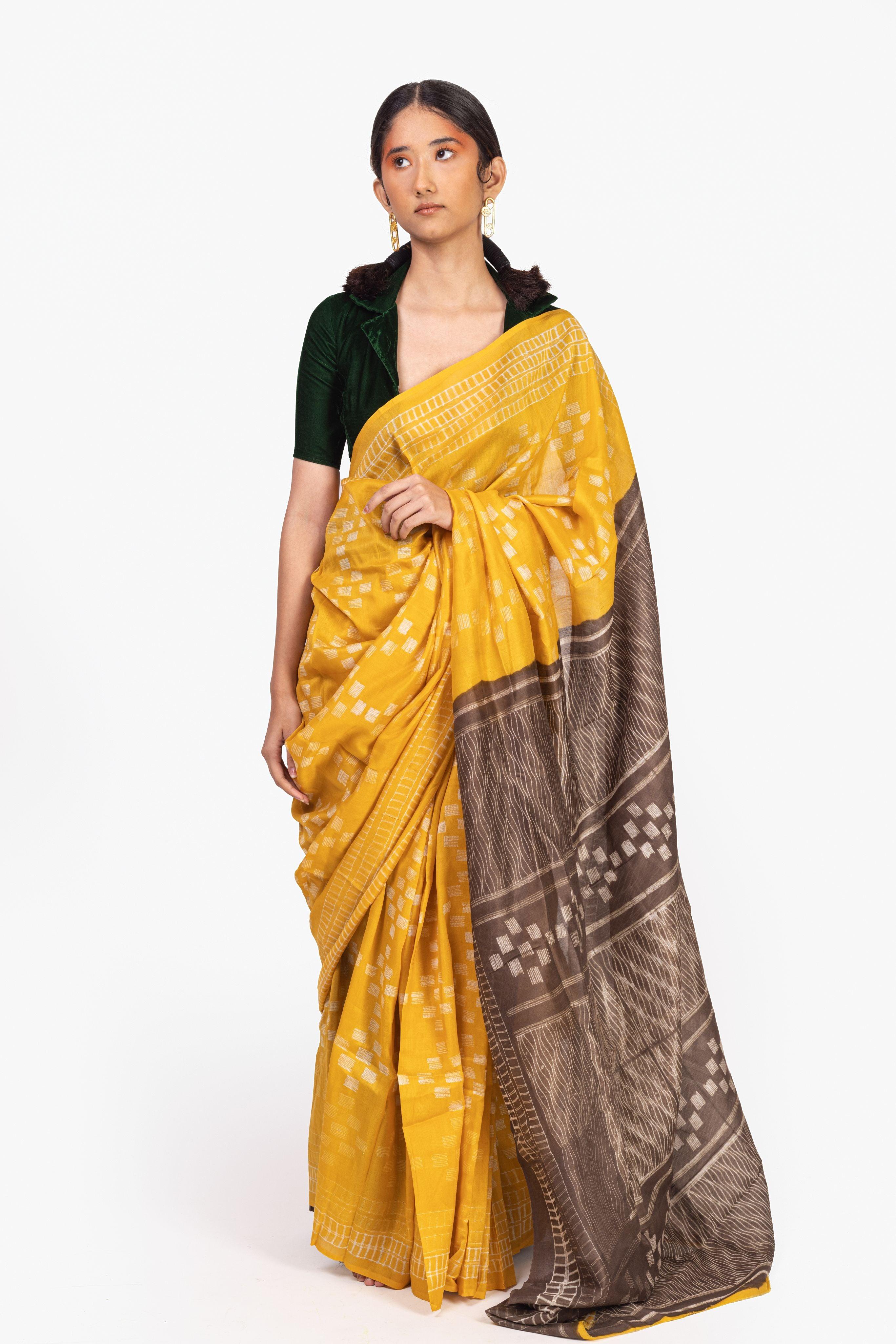 Kaisori Inayaat Mustard and brown Shibori print saree