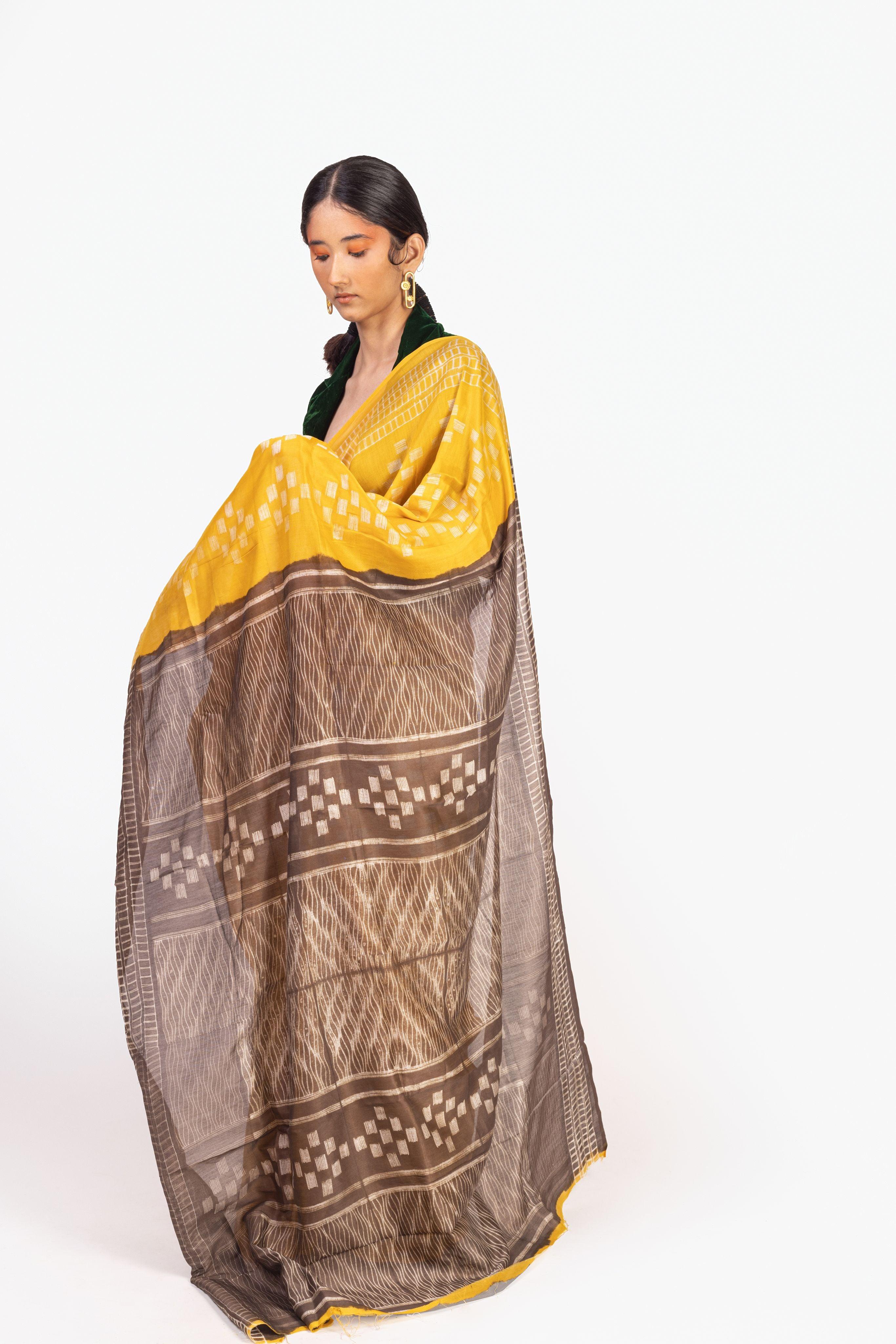 Kaisori Inayaat Mustard and brown Shibori print saree