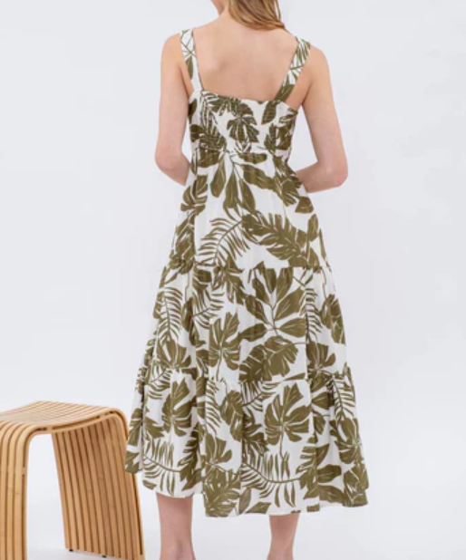 Leaf Print Midi Dress - Olive