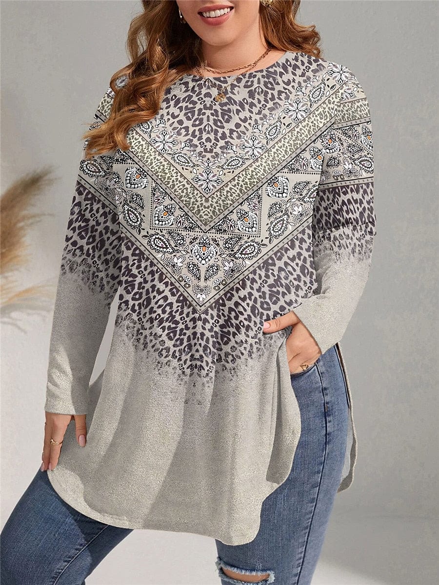 Leopard Paisley Print Plus Size Long Sleeve Dress