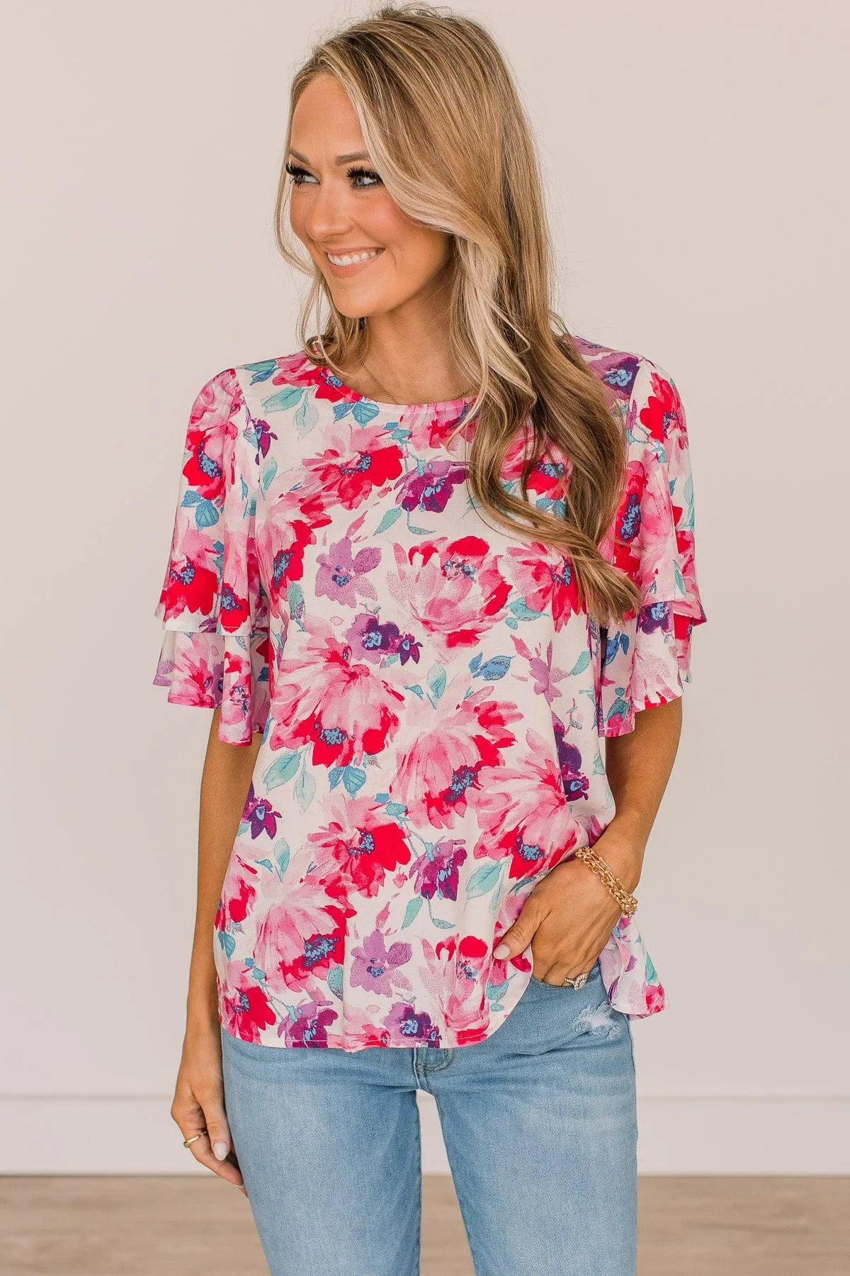 Love You Most Floral Blouse- Ivory, Fuchsia, & Purple