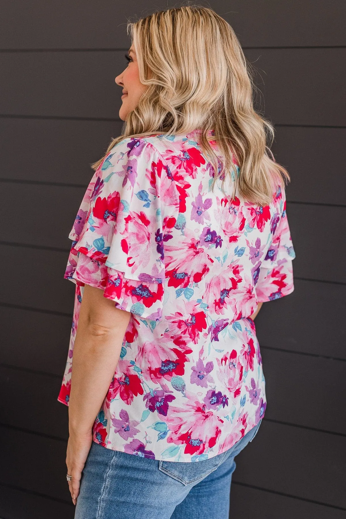 Love You Most Floral Blouse- Ivory, Fuchsia, & Purple