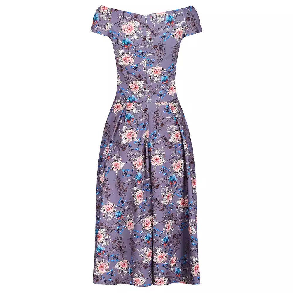 Mauve Floral Print Cap Sleeve Crossover Top 50s Swing Bardot Dress