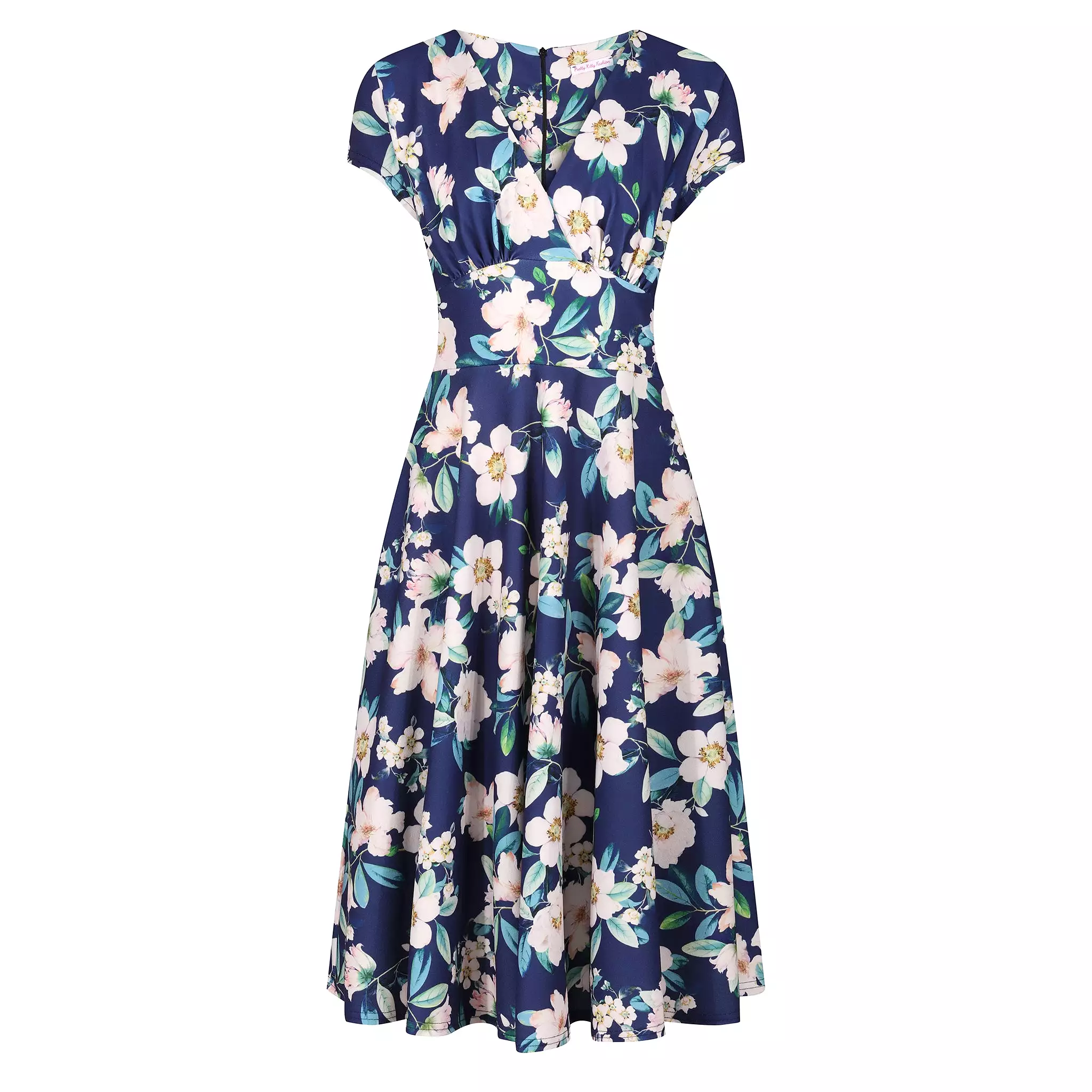 Navy Floral Vintage A Line Crossover Capped Sleeve Tea Swing Dress