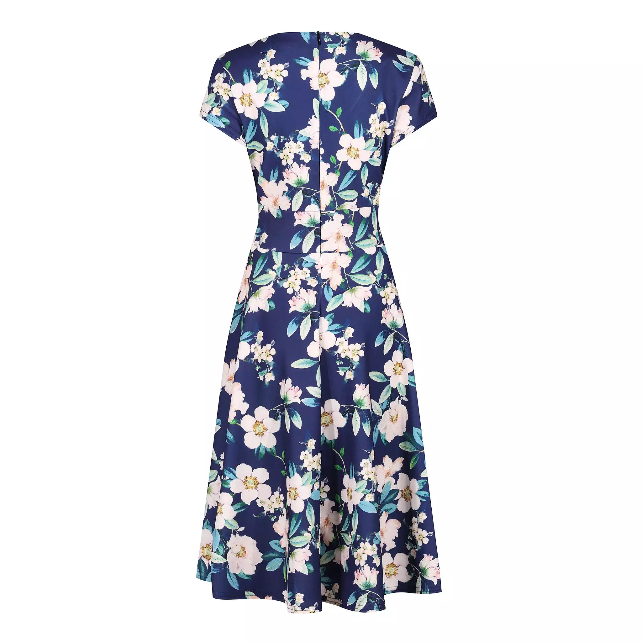 Navy Floral Vintage A Line Crossover Capped Sleeve Tea Swing Dress