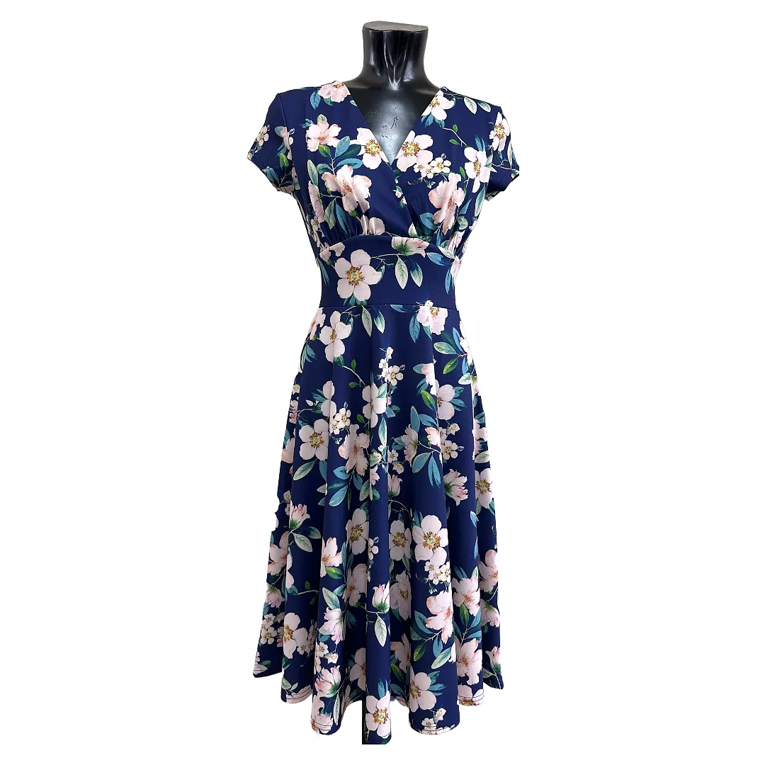 Navy Floral Vintage A Line Crossover Capped Sleeve Tea Swing Dress