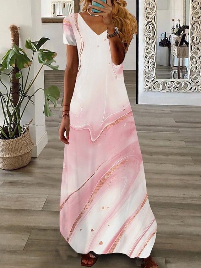 Ombre Marble Print Maxi Dress with Split V-Neck