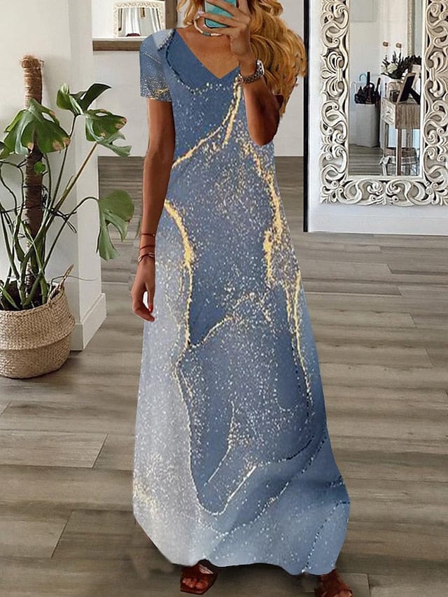 Ombre Marble Print Maxi Dress with Split V-Neck