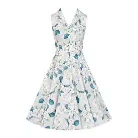 Pale Mint Green & White Floral Collared Sleeveless 50s Swing Tea Dress