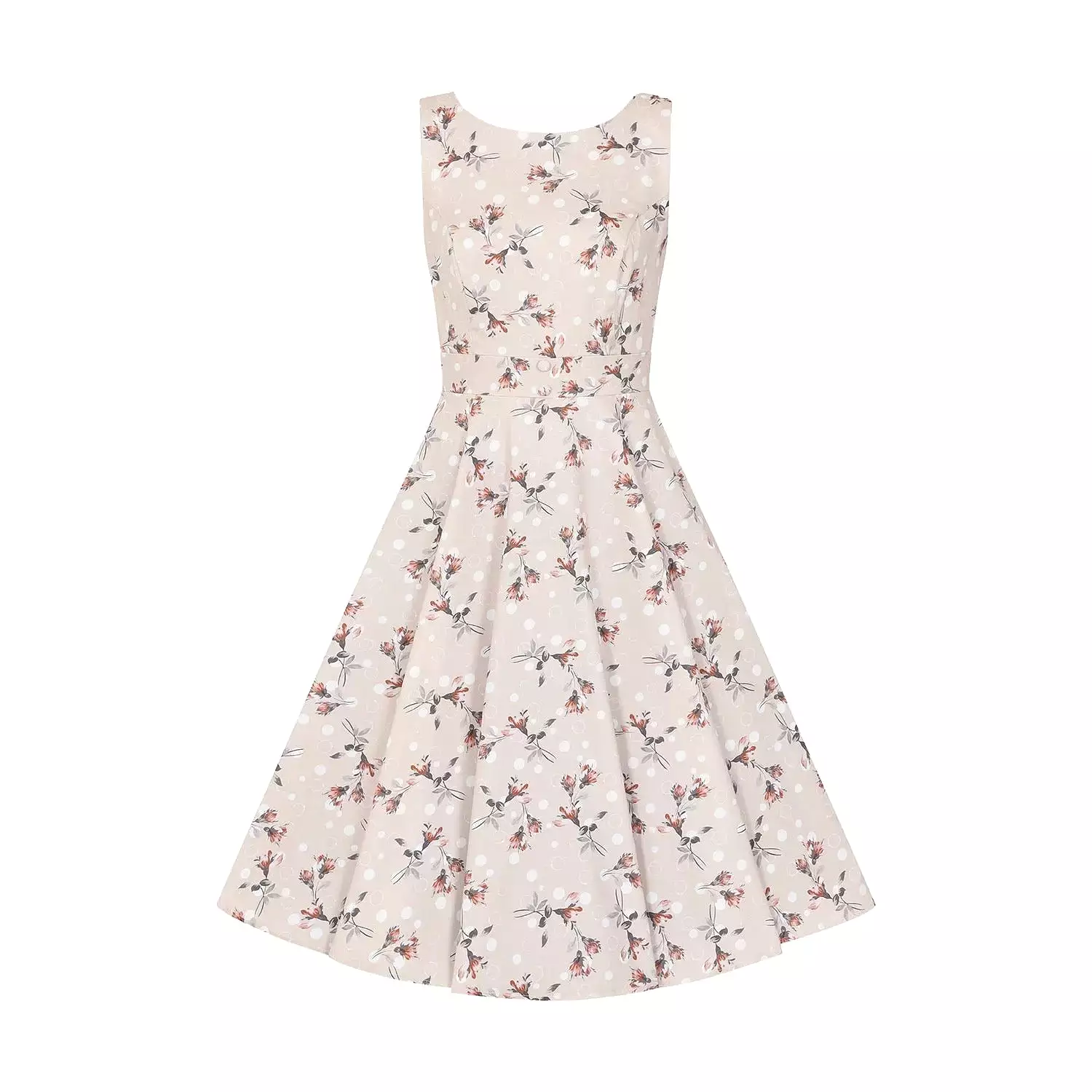 Pale Salmon Pink Polka Dot and Floral Sleeveless Swing Tea Dress