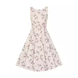 Pale Salmon Pink Polka Dot and Floral Sleeveless Swing Tea Dress