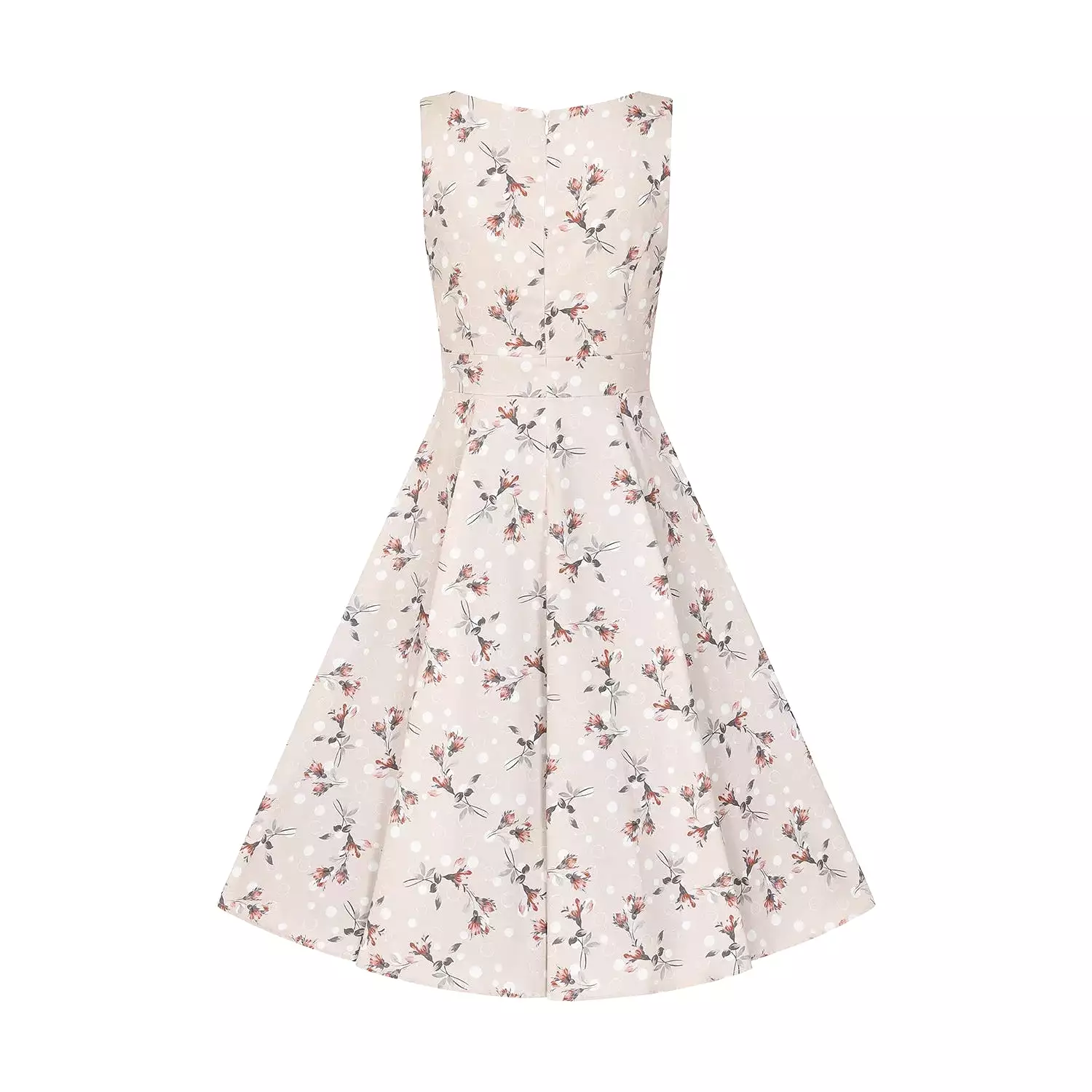 Pale Salmon Pink Polka Dot and Floral Sleeveless Swing Tea Dress