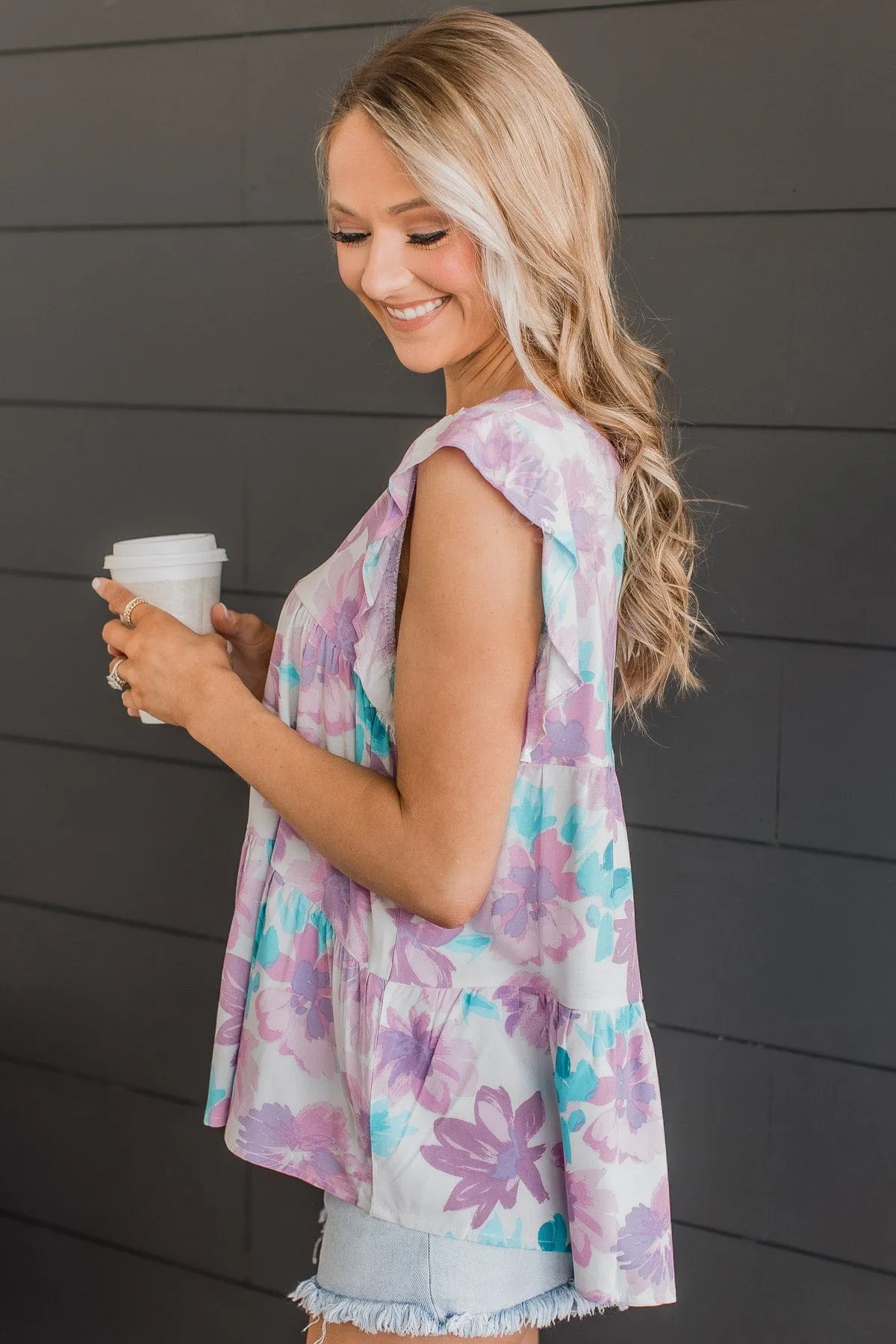 Rising Above Flutter Sleeve Blouse- Ivory & Lavender