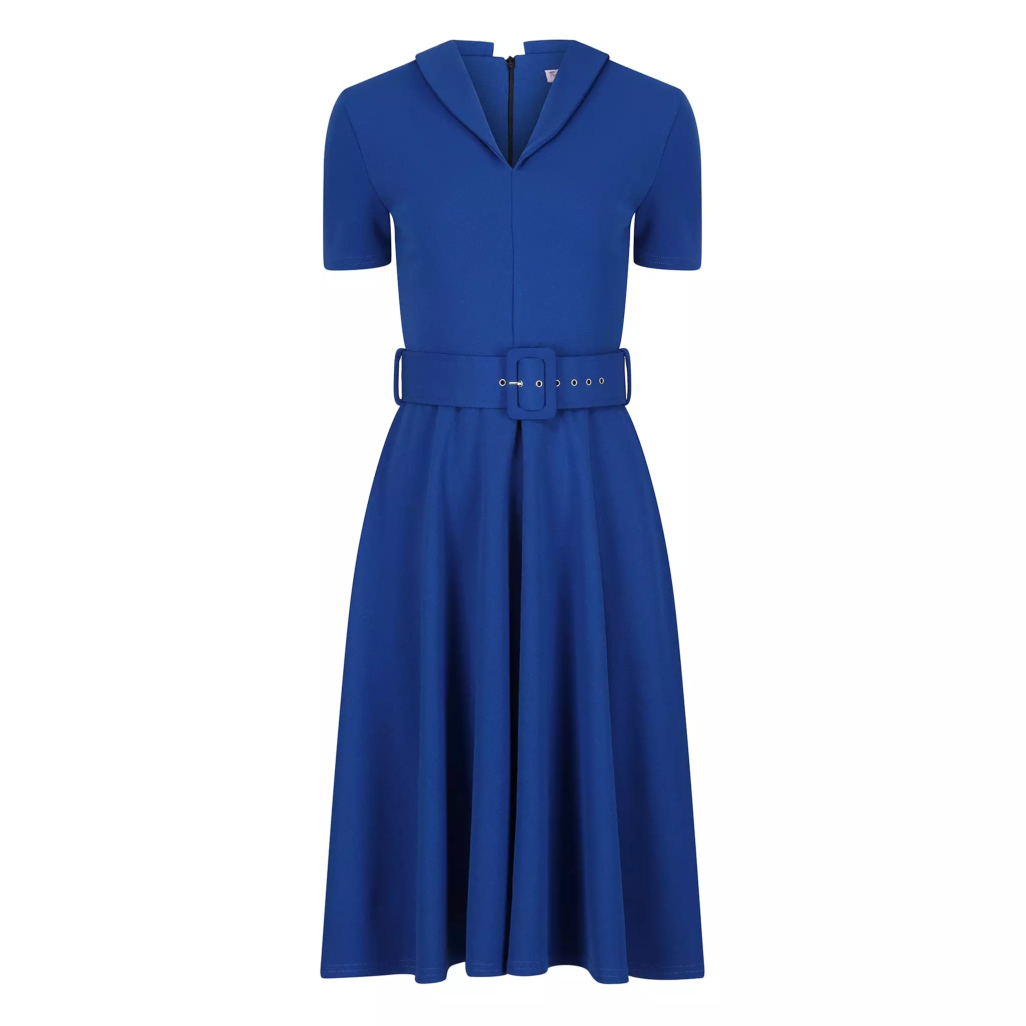 Royal Blue Belted Midi Swing Dress With Collared V Neck